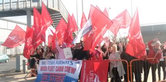 Striking BA mixed fleet cabin crew on the picket line at Heathrow Airport yesterday morning
