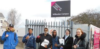 Suspended North West London College UCU branch secretary INDRO SEN (centre) on the picket line outside the college with students and lecturers yesterday morning