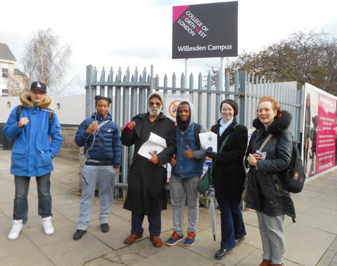 Suspended North West London College UCU branch secretary INDRO SEN (centre) on the picket line outside the college with students and lecturers yesterday morning