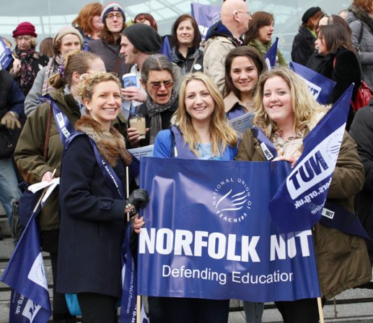 Teachers protesting in Norwich against cuts. The NUT has a rally today in Manchester