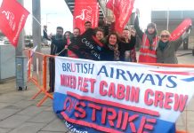 Striking BA mixed fleet cabin crew on the picket line at Heathrow Airport yesterday during their latest 4-day strike over pay