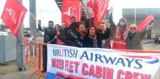Striking BA mixed fleet cabin crew on the picket line at Heathrow Airport yesterday during their latest 4-day strike over pay