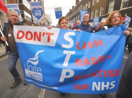Tory Budget: war on NHS, education & pay Unite members marching against the STP plans – the budget promises to speed up the STP attack on the NHS