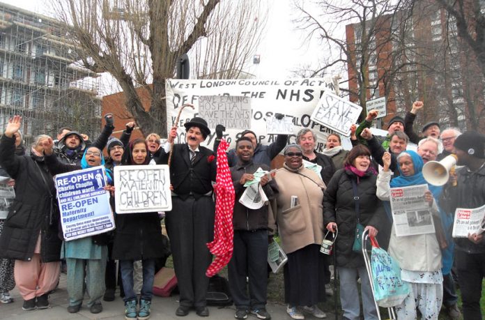 An emergency urgent mass picket was called after it was revealed that 600 beds would be axed, 8,000 jobs cut and the Ealing  A&E shut under the speeded-up STP cuts in North West London