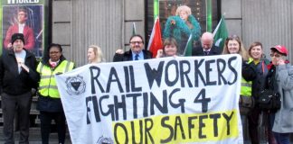 Supporters joined Southern rail striking guards on the picket line outside Victoria Station yesterday. ‘All the rail unions should take action together’ – Steve Hedley