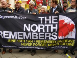 Banner commemorating the June 18th 1984 state attack on striking miners at Orgreave
