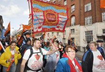 GMB members marching to defend the NHS – the GMB is playing a leading role in the fight against the privatisation of Barnsley Hospital