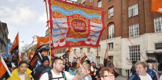 GMB members marching to defend the NHS – the GMB is playing a leading role in the fight against the privatisation of Barnsley Hospital