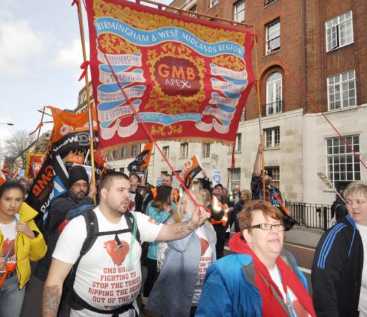 GMB members marching to defend the NHS – the GMB is playing a leading role in the fight against the privatisation of Barnsley Hospital