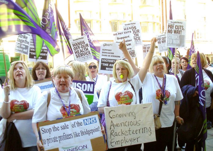 Care UK workers lobbying the company offices in London during their strike action over their atrocious conditions – a quarter of the country’s 2,500 homecare providers are at risk of going bankrupt while almost 70 have closed down in the last month