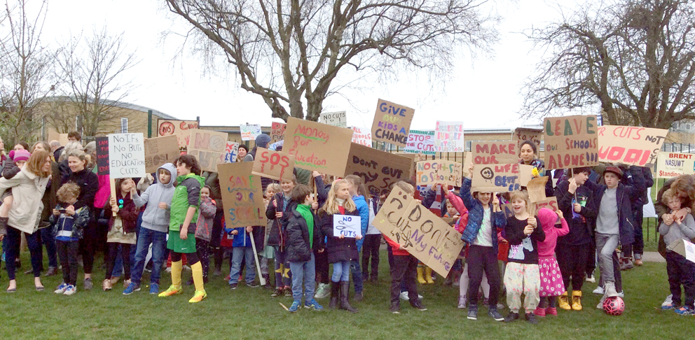 Parents, children and teachers demonstrated against the cuts to schools funding last Saturday, organised by Kenmont primary school, and taking place in Tiverton Park, Paddington