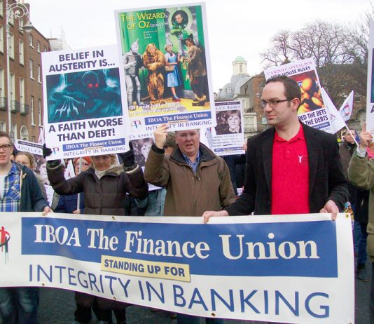 Irish bank workers marching against austerity