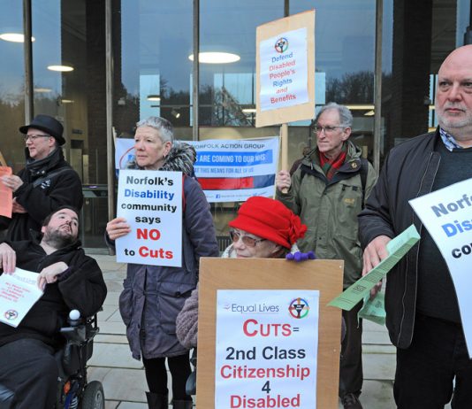 Disabled claimants protesting in Norwich in February – new claimants now face a £30 a week cut to their benefit