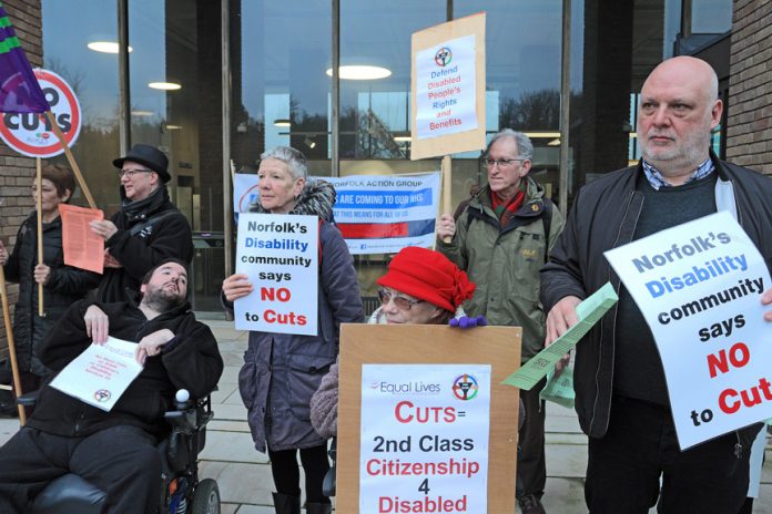 Disabled claimants protesting in Norwich in February – new claimants now face a £30 a week cut to their benefit