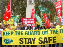 RMT leaders hold the banner lobbying Parliament on November 1st