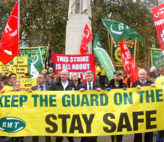 RMT leaders hold the banner lobbying Parliament on November 1st