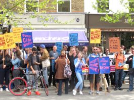 A section of the demonstration at East Dulwich Picturehouse by fellow strikers from Brixton, Hackney, Crouch End and Central London Picturehouses