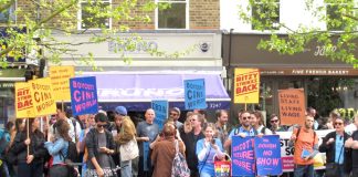 A section of the demonstration at East Dulwich Picturehouse by fellow strikers from Brixton, Hackney, Crouch End and Central London Picturehouses