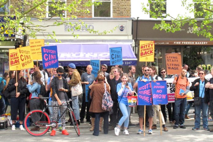 A section of the demonstration at East Dulwich Picturehouse by fellow strikers from Brixton, Hackney, Crouch End and Central London Picturehouses