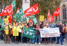 RMT Southern rail guards and supporters lobbying parliament last November demanding that guards must be kept on the trains