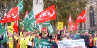 RMT Southern rail guards and supporters lobbying parliament last November demanding that guards must be kept on the trains