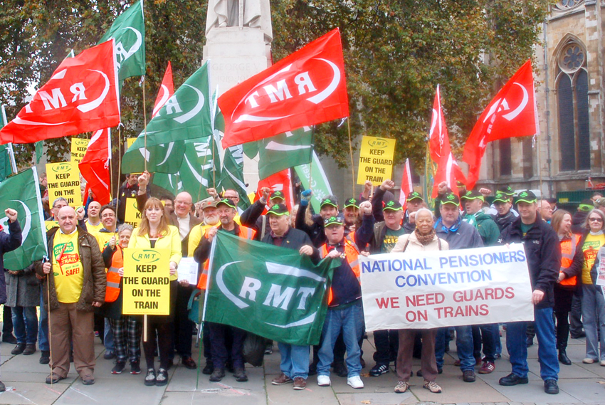 RMT Southern rail guards and supporters lobbying parliament last November demanding that guards must be kept on the trains
