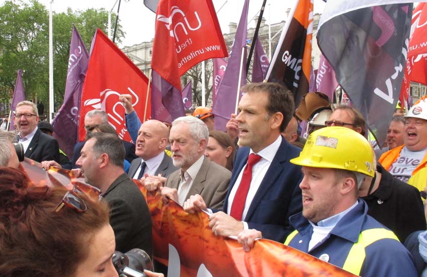 Labour leader CORBYN marching with steel workers in defence of jobs