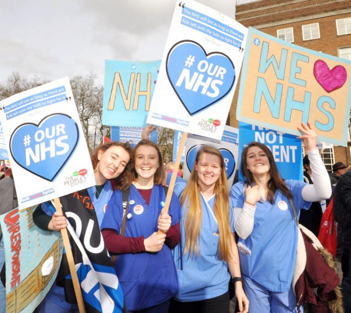 Nurses on the NHS march through central London last month – nurses are caring for eight or more patients which is unsafe