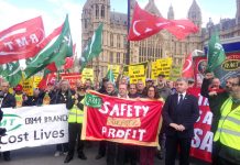 Over 150 RMT members demonstrated for train safety and the ending of Driver Only Operation outside Parliament yesterday