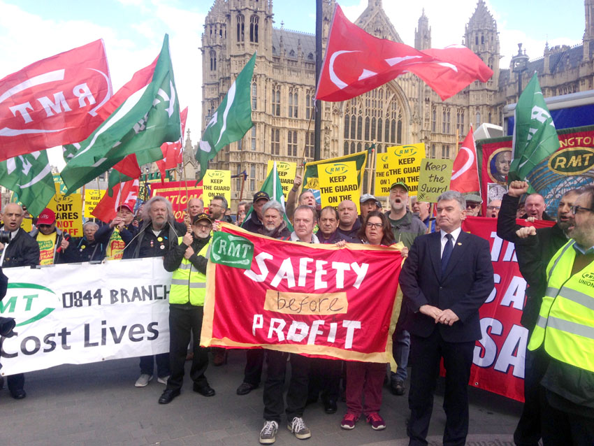 Over 150 RMT members demonstrated for train safety and the ending of Driver Only Operation outside Parliament yesterday