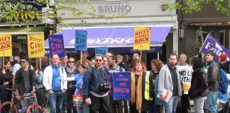 Striking Picturehouse workers in East Dulwich. Five cinemas have now joined the action against Picturehouse and its owner Cineworld