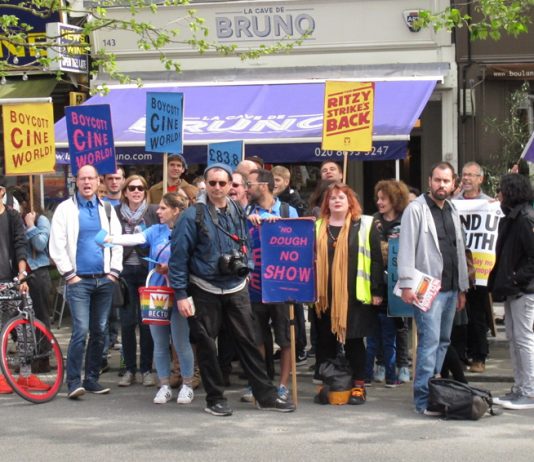 Striking Picturehouse workers in East Dulwich. Five cinemas have now joined the action against Picturehouse and its owner Cineworld