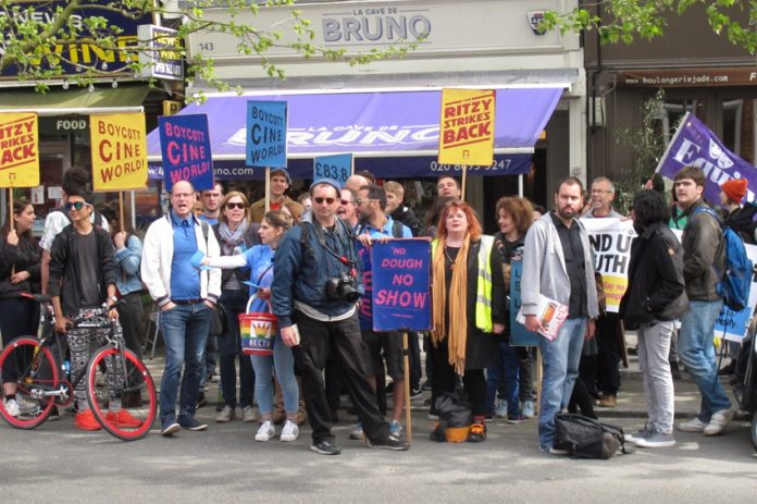 Striking Picturehouse workers in East Dulwich. Five cinemas have now joined the action against Picturehouse and its owner Cineworld