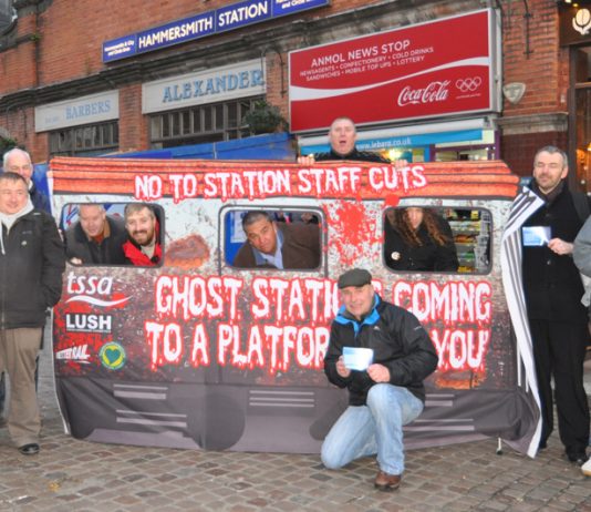 Demonstration outside Hammersmith underground station against ticket office closures – Greater Anglia is doing the same