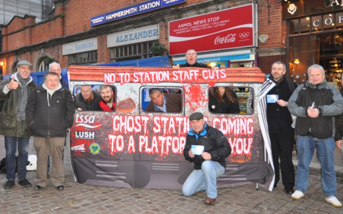 Demonstration outside Hammersmith underground station against ticket office closures – Greater Anglia is doing the same