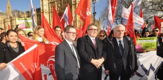 Labour Shadow Chancellor JOHN McDONNELL (right) alongside TOM WATSON supporting striking BA workers lobby of parliament