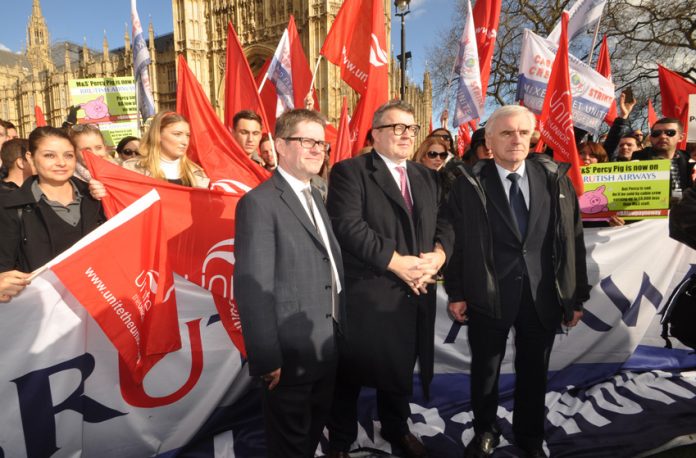 Labour Shadow Chancellor JOHN McDONNELL (right) alongside TOM WATSON supporting striking BA workers lobby of parliament
