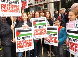 Youth at the picket in support of Palestinian hunger strikers outside the Israeli embassy in London last Saturday