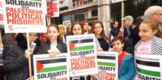 Youth at the picket in support of Palestinian hunger strikers outside the Israeli embassy in London last Saturday