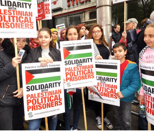 Youth at the picket in support of Palestinian hunger strikers outside the Israeli embassy in London last Saturday