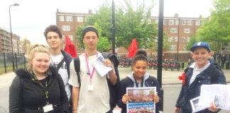 WRP candidate JONTY LEFF (right) talking to students at Hackney Community College who were all determined to fight against the cuts to their college and get rid of all university fees