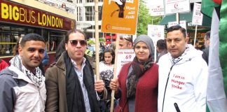 Palestinian footballer MAHMOUD SARSAK (left) with London Palestinian hunger striker AYSAR SHAMALLAKH (right) and his wife