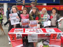 WRP candidate ANNA ATHOW (centre) and her enthusiastic campaign team on Wood Green High Street