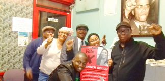 WRP candidate for Camberwell and Peckham, AMINATA SELLU (holding poster), with some of her supporters