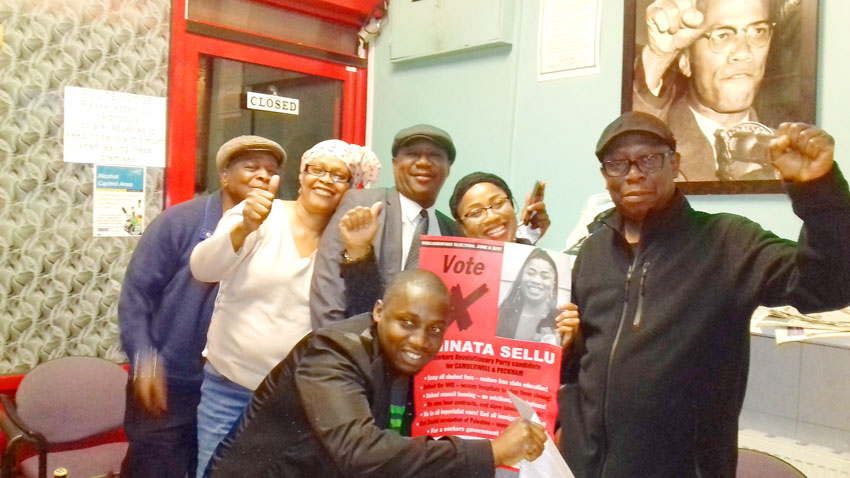 WRP candidate for Camberwell and Peckham, AMINATA SELLU (holding poster), with some of her supporters