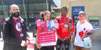 WRP candidate JONTY LEFF (right) was greeted with a lot of support from students at Hackney Community College yesterday