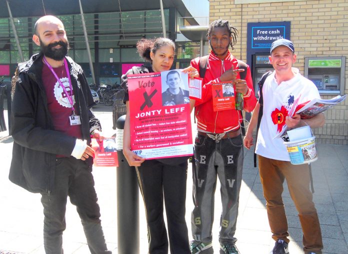 WRP candidate JONTY LEFF (right) was greeted with a lot of support from students at Hackney Community College yesterday