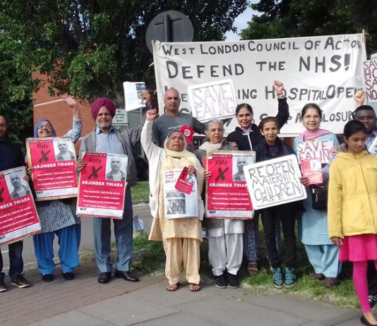 WRP candidate Arjinder Thiara and a group of his supporters are determined to defend the NHS and keep Ealing Hospital open