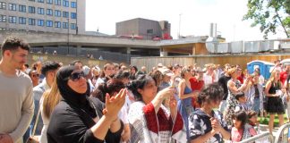 A section of the supporters rally at the Southbank