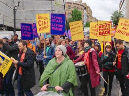 Three unions reps sacked at the Brixton Ritzy cinema! Workers from the Ritzy cinema in Brixton marching to demand the London Living wage. Three union reps there have been sacked